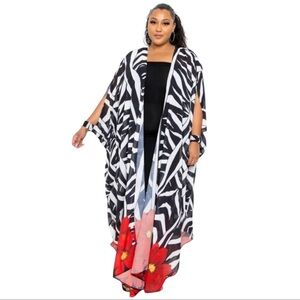 Zebra Print Kimono with Red Floral Accents